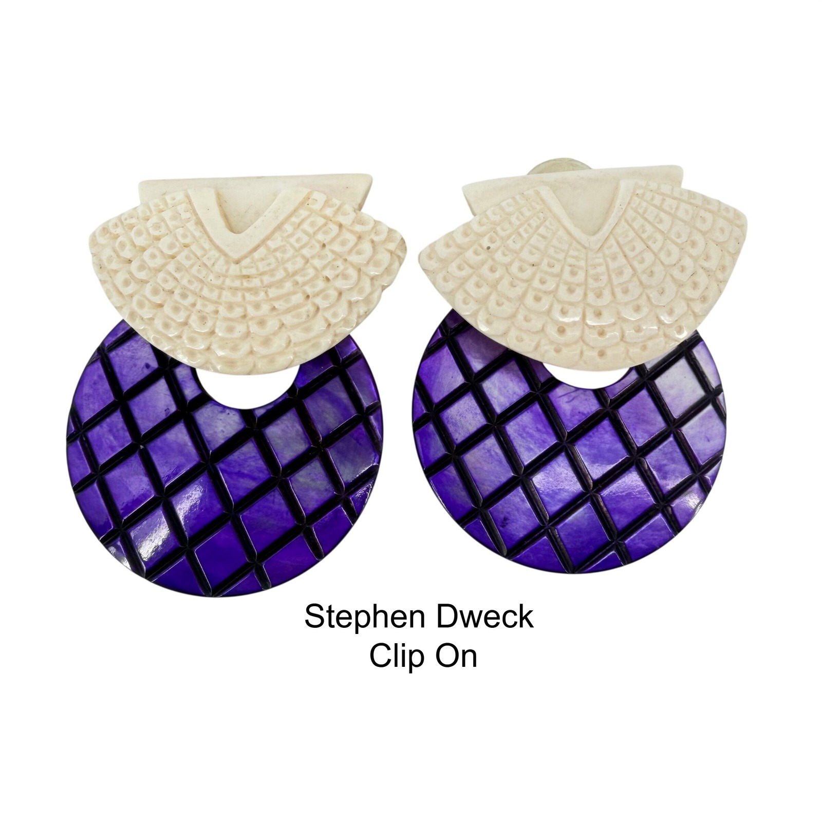 Vtg Stephen Dweck Purple Mother Of Pearl Carved Clip On Statement Earrings